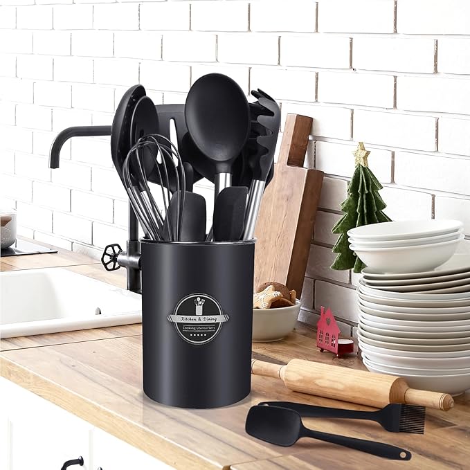 KSENDALO Silicone Cooking Utensils Set of 26, Heat Resistant Kitchen Utensils Set of Spatulas, Spoons, Whisk, Tong, Non Toxic Black Kitchen Tool Set with Holder for Nonstick Cookware, Dishwasher Safe