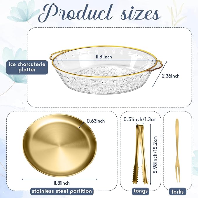 Baderke 2 Sets 11.8" Chilled Serving Tray for Parties Round Iced Platter with Ice Underneath Stainless Steel Clip Fruit Fork Shrimp Cocktail Serving Dish for Oysters Crawfish Fruits (Gold)