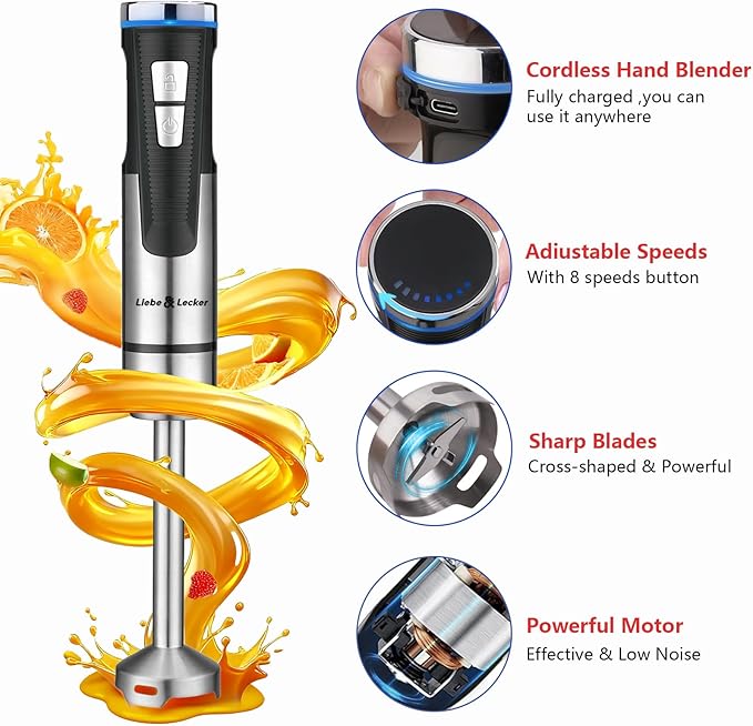 Liebe&Lecker Immersion Blender Handheld Cordless, 3 in 1 Cordless Hand Blender, 8 Speed Emulsion Blender Handheld with Whisk Milk Frother for Soup Smoothie