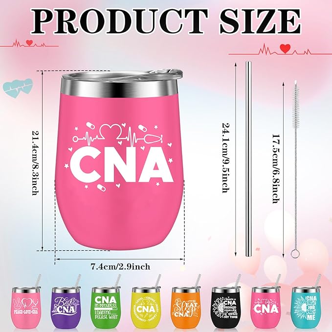 Sliner 8 Pcs CNA Gifts Tumbler with Lid, 12oz Stainless Steel Cups CNA Week Appreciation Gifts Medical Tumblers for Women Men RN Certified Nursing Assistant Graduation Office Essentials Nurse Week