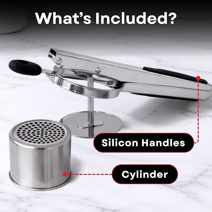 Large 15oz Potato Ricer - Professional 430 Stainless Steel Masher for Fluffy Mashed Potatoes, Gnocchi, Guacamole & Baby Food - Ergonomic Non-Slip Handles, Heavy Duty & Dishwasher Safe Kitchen Press