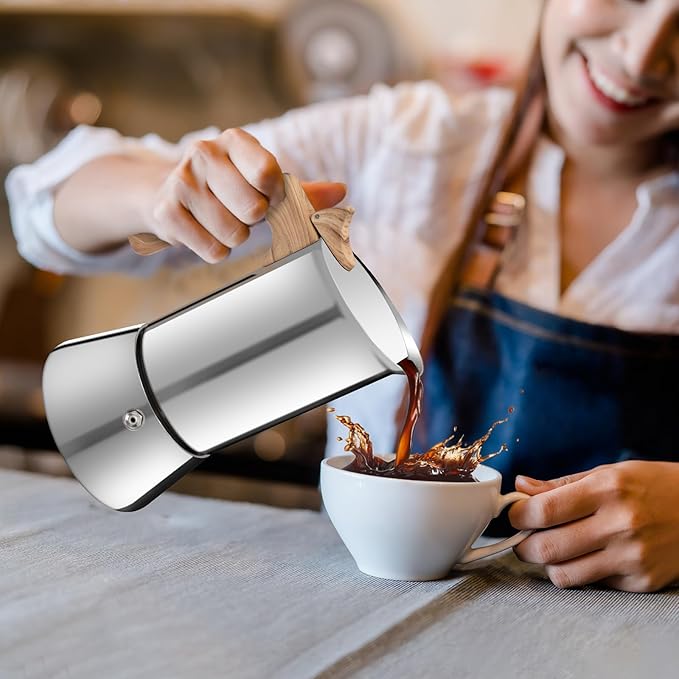 No Coating 4 Cup Moka Pot Thickened 304 Stainless Steel Stovetop Espresso Coffee Maker 200ml 6.8oz Mocha Percolator Greca Cuban Ideal for Making Rich Authentic Italian Café