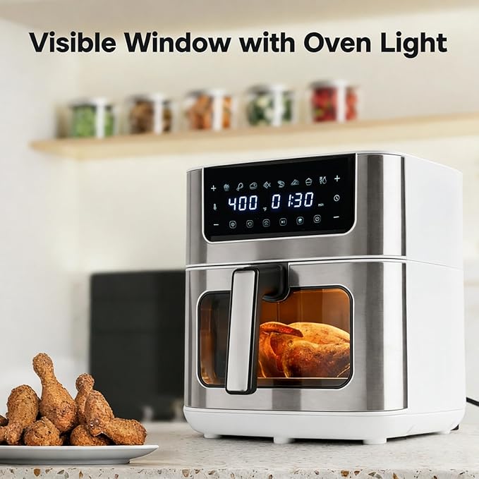Simple Deluxe 8-in-1 Air Fryer 6.34 Qt, Digital Preset Airfryer with Visible Window, Nonstick and Dishwasher-Safe Basket, Air Fry, Chicken, Pizza, Dehydrate, Fries, 90-Min Timer, 1700W, White