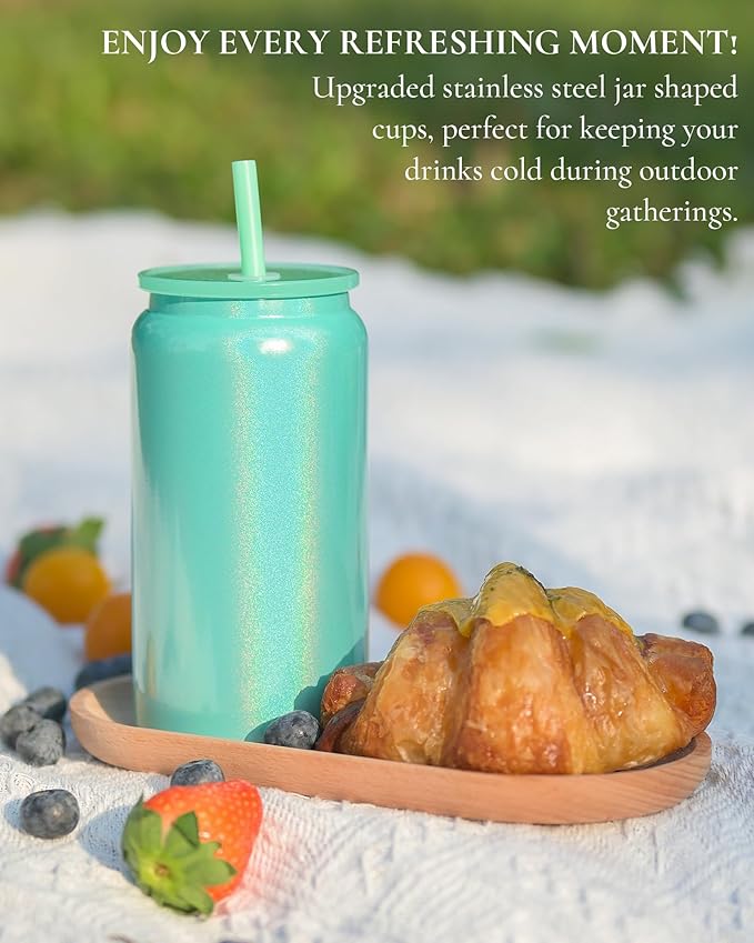Glass Cups with Lids and Straws, 16oz Stainless Steels Cups, Beer Cups, Iced Coffee Cup, Smoothie Cup, Sublimation Tumbler, Cyan (Shiny Polished Finish, Sublimatable)
