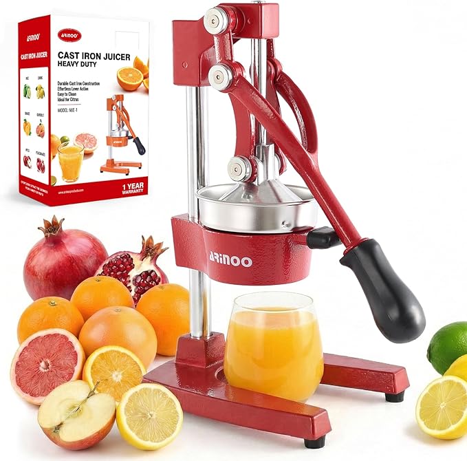Kitchen Cast Iron Citrus Juicer,Manual Hand Press Orange Juicer,Heavy Duty Countertop Squeezer for Lemon,Orange, Easy to Use & Clean（Red)