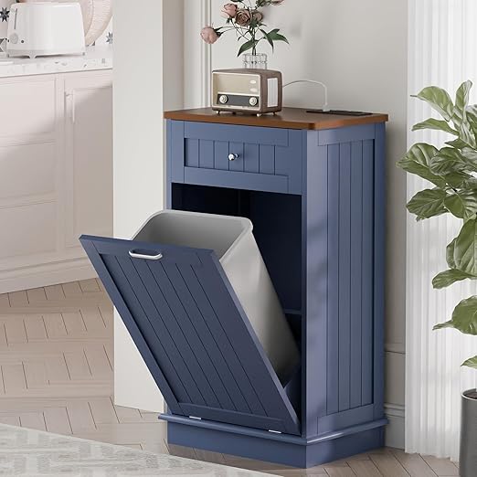 Betterhood Double Tilt Out Trash Cabinet with Power Outlet, 10 Gallon Trash Cabinet with Storage,Pet Proof Trash Can with 2 AC & USB Sockets for Kitchen,Living Room (Blue, Single Door)