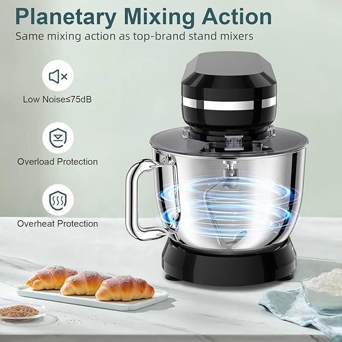 Electric Stand Mixer with 6.5QT Bowl with Handle, Kitchen Mixer with Tilting Head for Bread Dough and Cake with Dough Hook, Whisk, Splash Guard and Egg Separator (Black)
