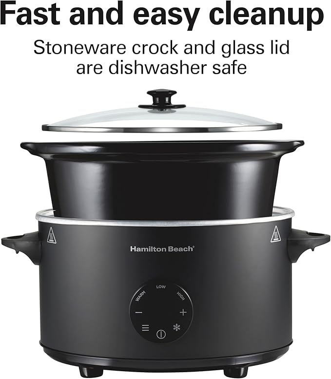 Hamilton Beach 6 Quart Set & Forget Programmable Slow Cooker with Defrost Function, Flexible Programming, Adjustable Countdown Timer, Large Dishwasher Safe Stoneware Crock and Glass Lid, Black (33765)
