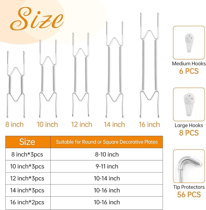 Bilillo 14 Pcs Plate Hangers for the Wall - 8/10/12/14/16 Inch Invisible Plates Hanger, Stainless Steel Plate Holders with 14 Pieces Wall Hooks for 7.5 to 19.5 Inch Decorative Plates and Arts (Silver)