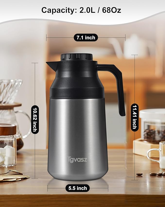 2 PCS Thermal Coffee Carafe Insulated Stainless Steel Coffee Carafe for Hot Liquid Vacuum Thermal Pot Creamer Pitcher Dispenser Keeping Hot Water Milk(Silver/Silver 68 oz)