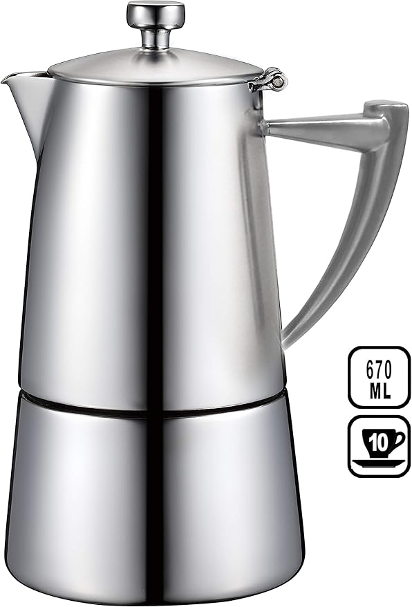 CUISINOX Roma Satin Stainless Steel Moka Pot Stovetop Espresso Maker, 10-Cup