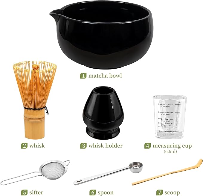 YIBO Matcha Whisk Set Black - Match Bowl with Spout and Whisk, Scoop, Sifter, Chasen Holder Measuring Spoon & Cup Kit for Matcha Tea Ceremony Tools
