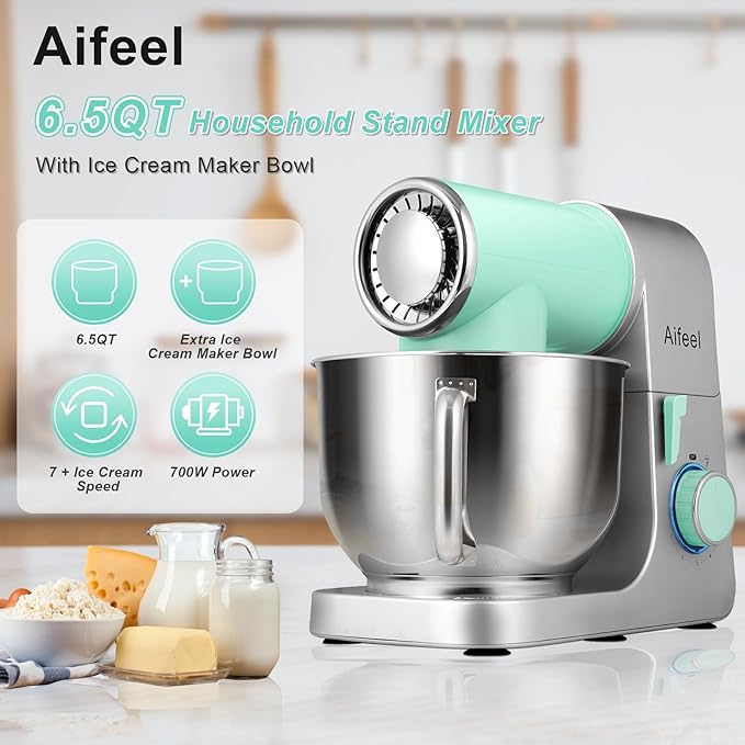Aifeel Stand Mixer, 6.5QT Mixer with Ice Cream Maker Attachments, Kitchen Electric Mixer Multifunctional Bread Dough Mixer with Dough Hook,Whisk & Beater, Food Mixer for Baking (Green-Silver)