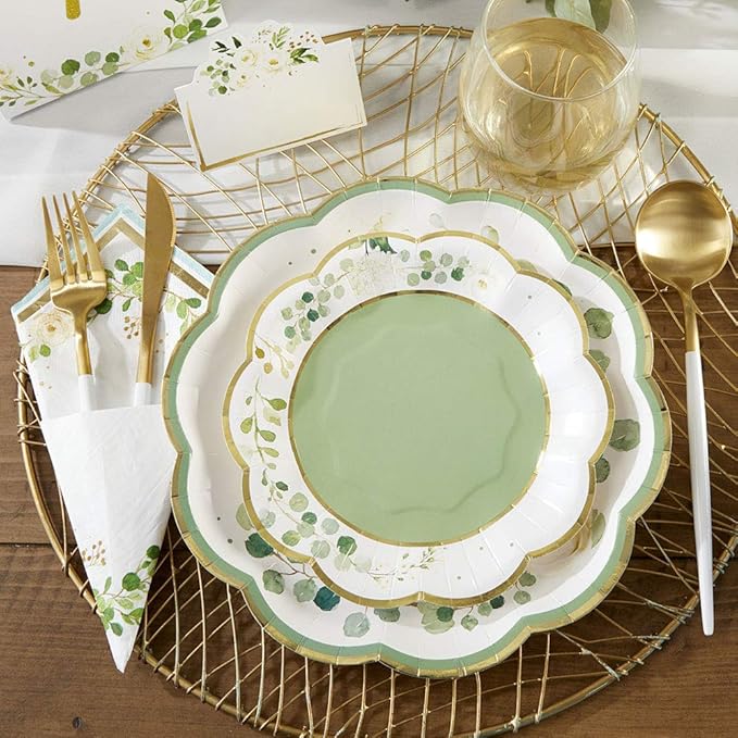 Kate Aspen Sage Green Party Decorations, Eucalyptus Floral Botanical Garden 62 Piece Plates and Napkins Party Supplies (16 Guests) Greenery Baby Shower Decorations & Bridal Shower Decor