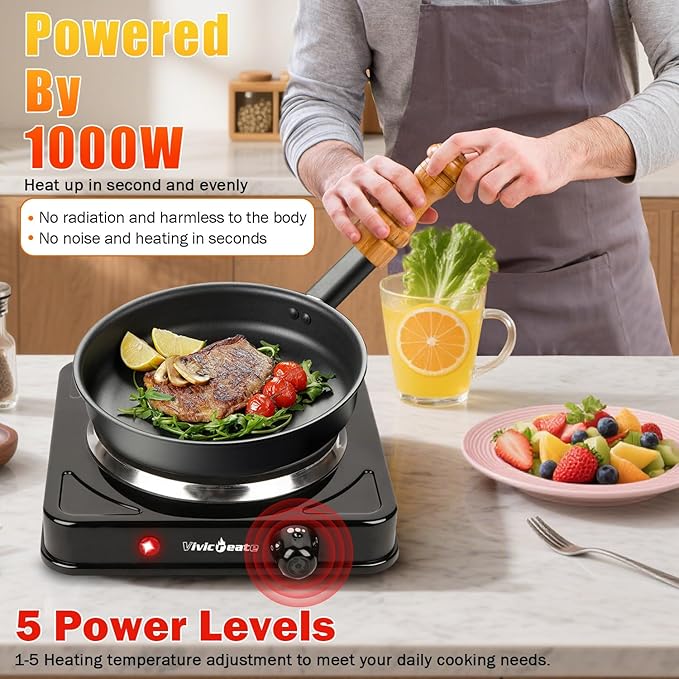 Vivicreate Electric Hot Plate, Portable Countertop Electric Cooktop, Adjustable Temperature Control, 110V Extra Burner for Apartment, Dorm, RV, Small Kitchen (Single Cast Iron Burner)