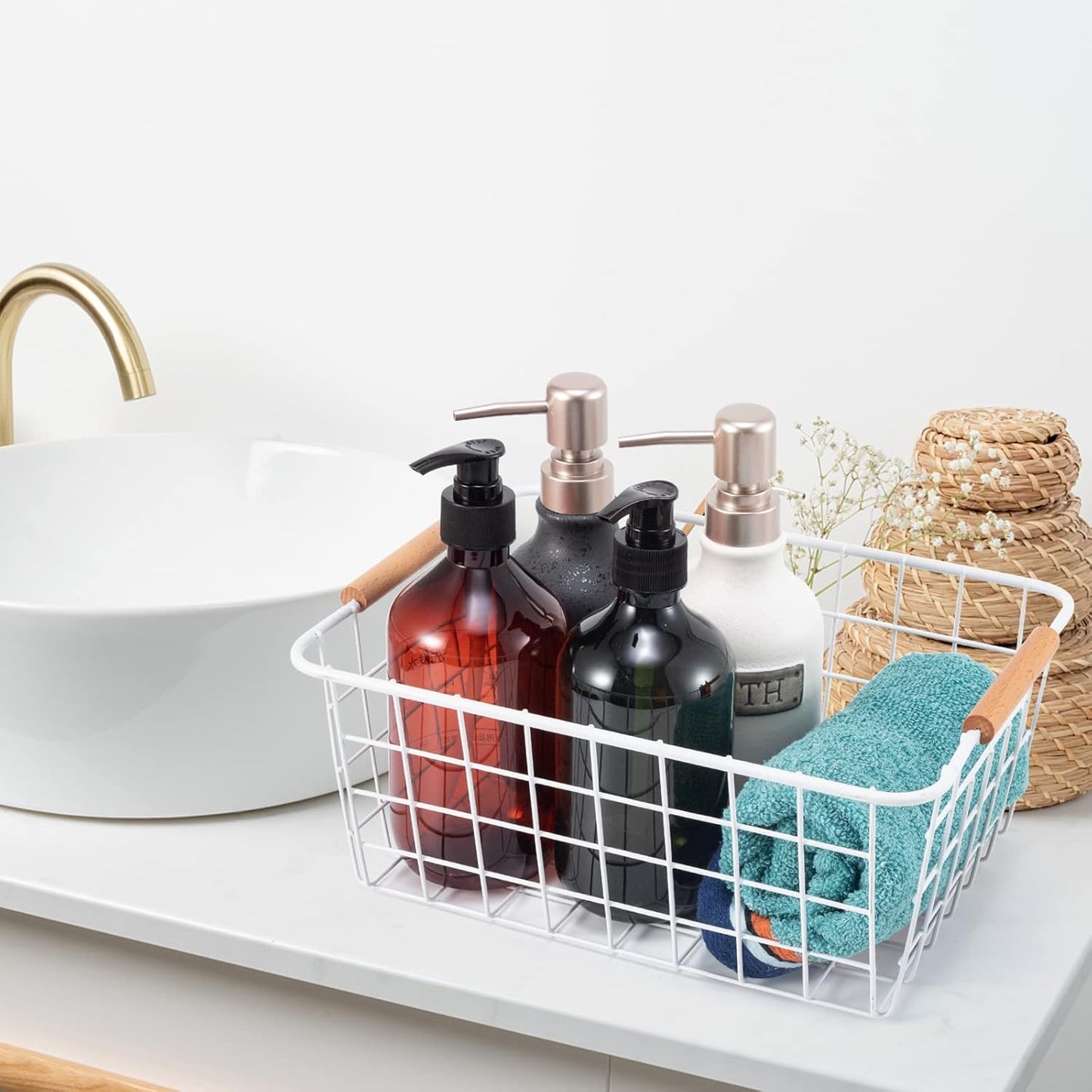 Wire Basket 4 Pcs Wire Storage Baskets Wire Baskets Organizing with Wooden Handles Wire Basket Pantry Organization and Storage Metal Wire Food Storage Basket for Kitchen, Cabinets (White 4PCS)