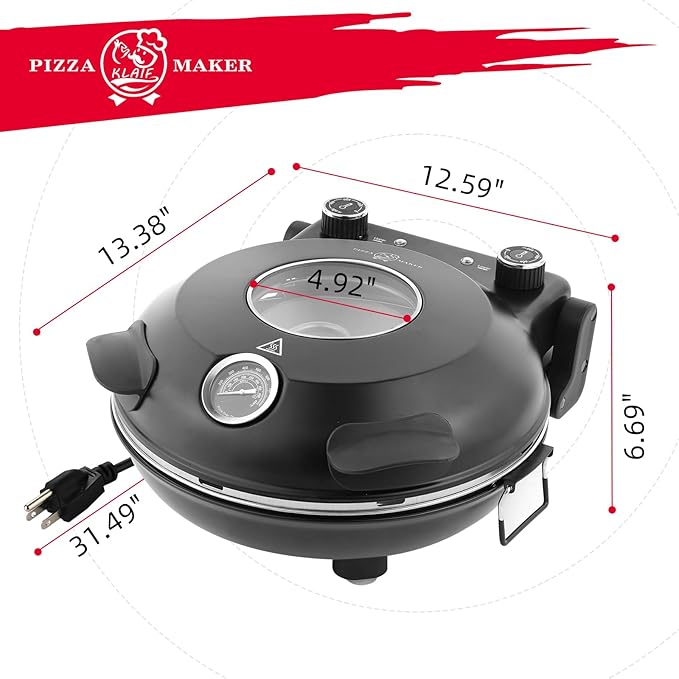 KLAIF 12" Electric Countertop Pizza Oven Indoor With Ceramic Stone, Dual Adjustable Temperature Controls, Includes 4 Pizza Tools, LMR-Black