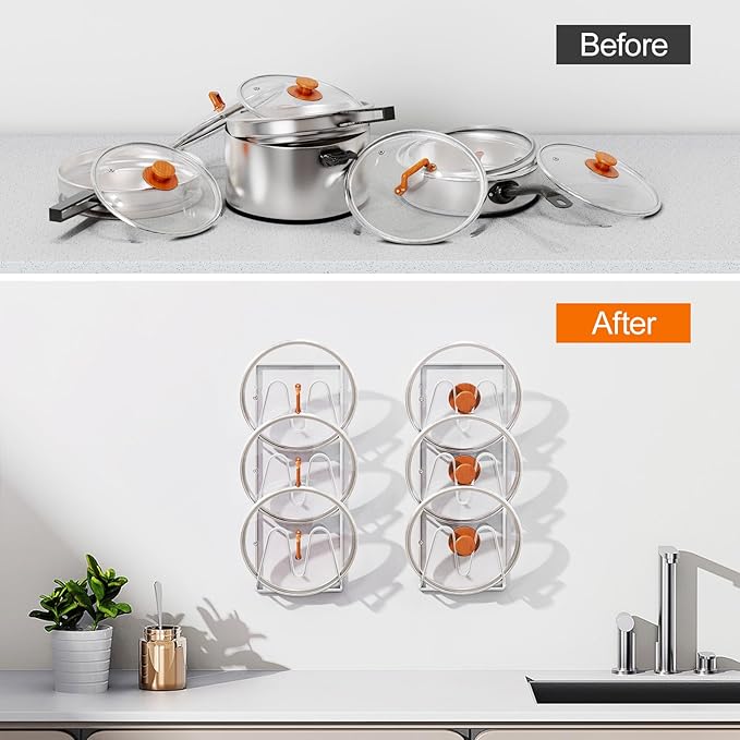 Durmmur 2 Pack Pot Lid Organizer Rack, 6-Tier Pot Lids Holder for Cabinet Door/Wall, No Drilling Adhesive Wall/Door Mounted Rustproof Pot and Pan Cover for Kitchen Storage, White