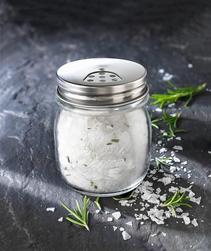 Bormioli Rocco Quattro Stagioni Spice Jar Set - 8.5 Oz, Durable Glass Mason Jars with Multi-Function Rotatable Lids, Stainless Steel Tops for Salt & Pepper - Made in Italy, Glass Spice Jars