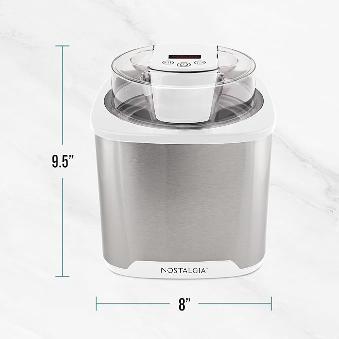 Nostalgia 2-Quart Electric Ice Cream Maker – Make Homemade Ice Cream, Gelato, Sorbet & Frozen Yogurt – No Salt/Ice Needed, Digital Controls, Mix-In Chute & Freezing Gel Canister – Stainless & White