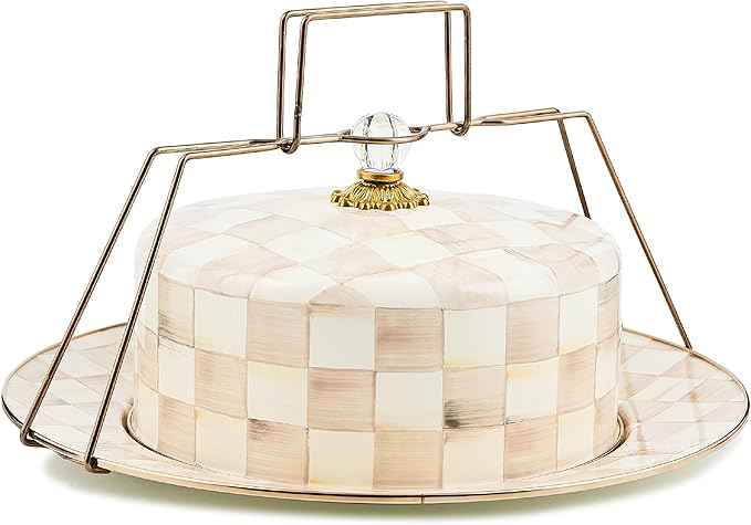 MACKENZIE-CHILDS Enamel Cake Carrier, Cake-Dish Serving Platter with Lid and Handles, Brown-and-White Mocha Check