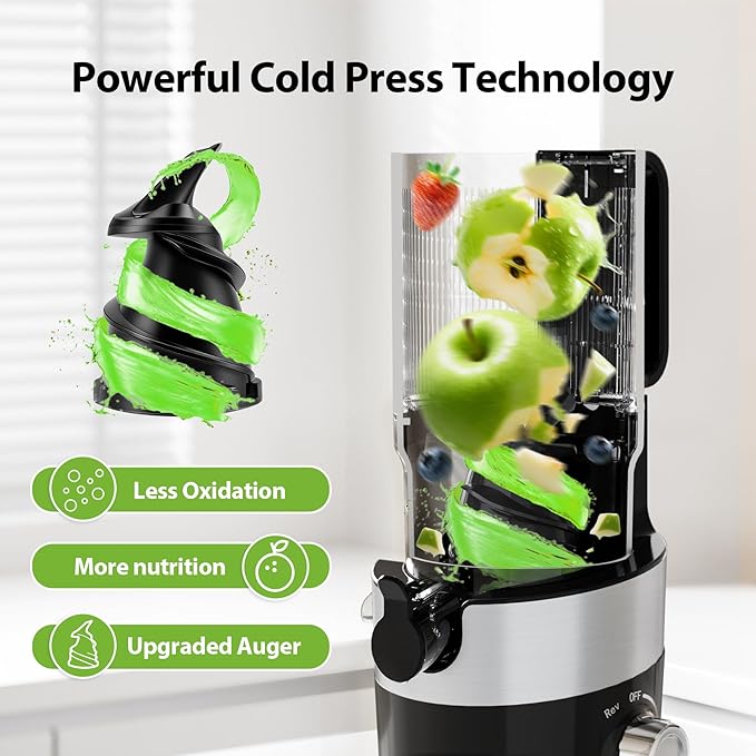 Cold Press Juicer with Whole Feed Chute, Aeitto Masticating Juicer Machines, Juice Extractor Machine Easy to Clean, High Juice Yield, For Whole Vegetables and Fruits, Easy to Assemble, Onyx Black