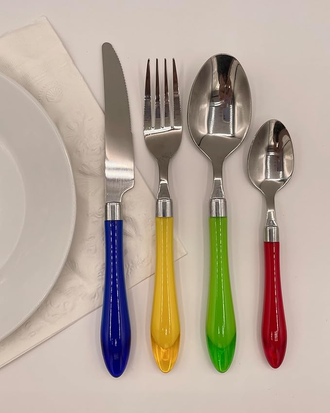 The Original Brink House Rainbow Mix & Match Stainless Steel Cutlery Set with Translucent Handles / 16 pieces with Metal Stand/Lifestyle utensils set for home, first apartment, dorm, outdoor events