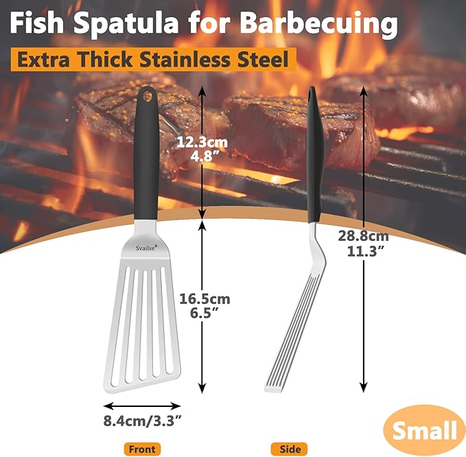 Stainless Steel Fish Spatula, 11.3 inch Metal Spatulas for Cast Iron Skillet, Kitchen Turner with Silicone Handle for Cooking, Grilling, Flipping, Egg, Cookie, Pancake and Burger (Small)