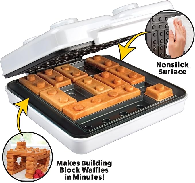 Building Brick Electric Waffle Maker- Cook Fun Buildable Waffles or Pancakes- Make Houses, Cars & Animals Out of Stackable Waffles- Bite Sized for Kids, Nonstick Waffler Iron Machine w Recipe Guide