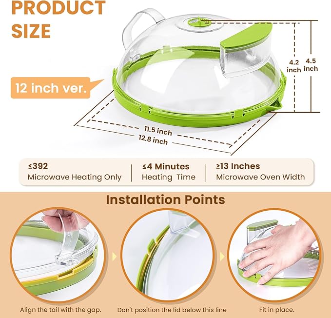 12 Inch Microwave Splatter Cover, Upgraded Microwave Cover for Food with Water Steamer, Integrated Handle, Splatter Guard, Cookware lid, House Warming Gifts New Home, Green