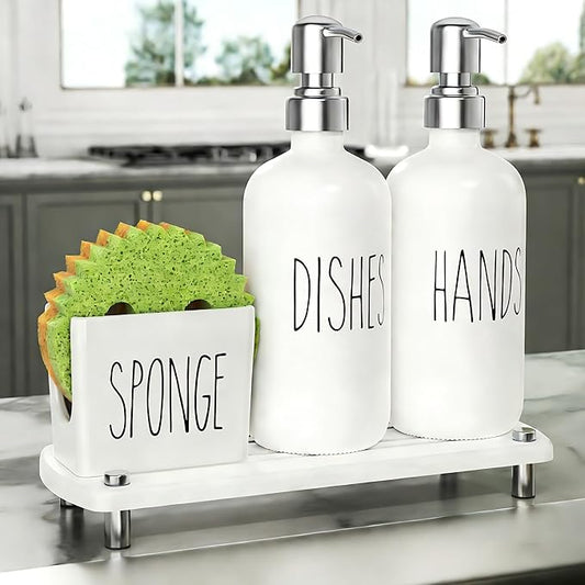 Cisily Kitchen Soap Dispenser Set Comes with Ceramics Sponge Holder, Gold Pumps, and Instant Dry Tray, Hand and Dish Soap Dispenser Set (4, Silver + White + Sponge Holder)