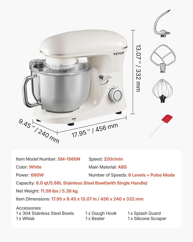 VEVOR Stand Mixer, 6 QT Dough Mixer, 660W 6 + P Speeds Tilt-head Food Mixer with Stainless Steel Bowl, Dough Hook, Wire Whip, Flat Beater, Scraper, Household Stand Mixer for Baking & Mixing, White