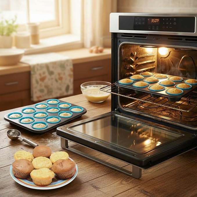 2 Set 12-cup Non Stick Carbon Steel Muffin Pan for Baking with 24 Reusable Silicone Liners, Non Toxic Cupcake Pan Muffin Tin for Easter Wedding Brownies Egg Bite, Easy to Pop(Blue)