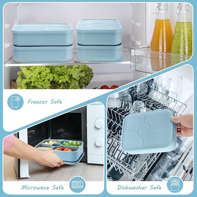 Jingmore 4 Pack Silicone Bento Boxes for Adults, 5 Compartment Reusable Lunch Containers with Sauce Section, Leakproof Meal Prep Snack Box Microwave & Dishwasher Safe for Office(Blue)