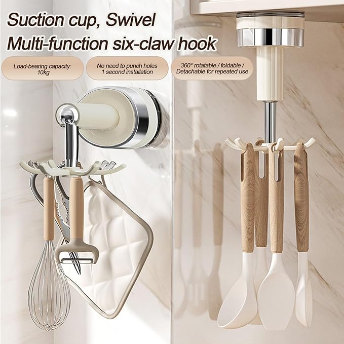 MFMYEE Kitchen Suction Cup Hook, 360 Degree Rotating Storage with Multiple Claws, Punch-Free Organizer, Shower Suction Cup with 6 Hooks (White)