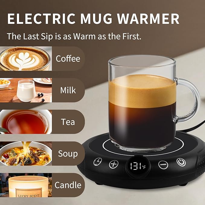 Coffee Mug Warmer, Electric Cup Warmer for Desk, Candle Warmer Plate with Temperature Display, 8-Temp Setting & 1-12H Timer, Stocking Stuffer Christmas White Elephant Coffee Gifts for Adults Women Men