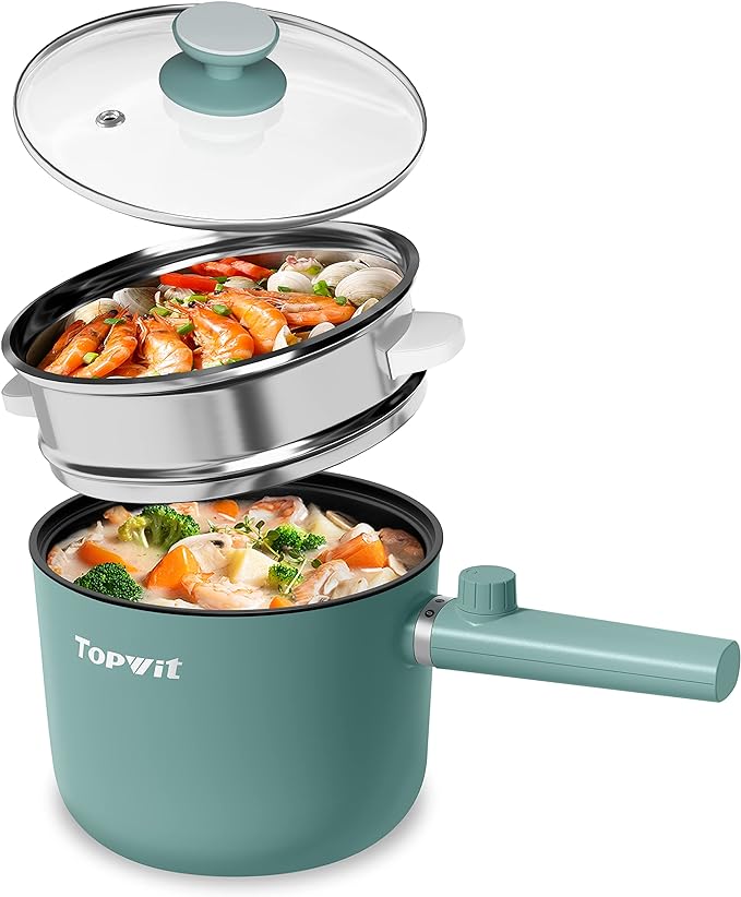 Topwit Hot Pot Electric with Steamer, 1.5L Ramen Cooker, Non-Stick Sauté Pan, Portable Cooking Pot, Electric Cooker with Dual Power Control, BPA Free, Over-Heating & Boil Dry Protection, Green