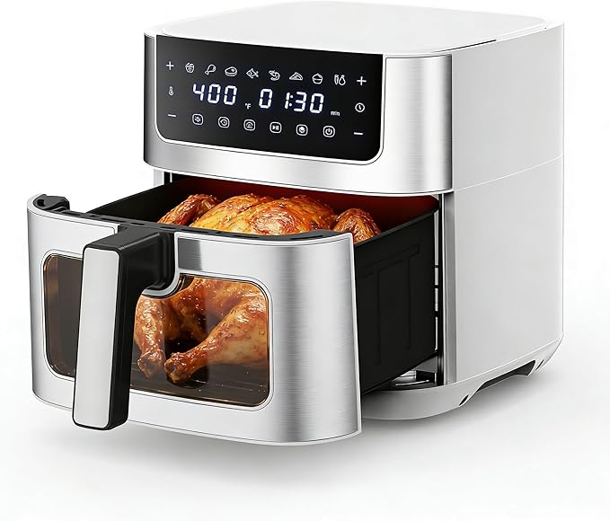 HealSmart 6.34 Qt Air Fryer with Window, 8-in-1 Digital AirFryer Oven, 1700W, Nonstick Dishwasher-Safe Basket, Air Fry, Roast, Dehydrate, 90-Min Timer, Stainless Steel, White
