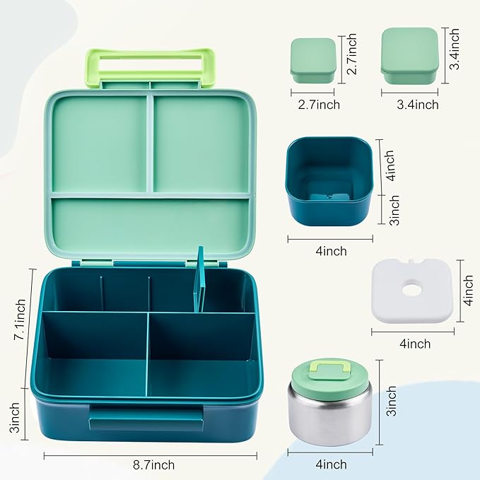 Bento Lunch Box for Kids with 8oz Soup Thermo Leak-Proof Lunch Food Containers with Snack Sauce Container for Kid Girls Boys to School, Green