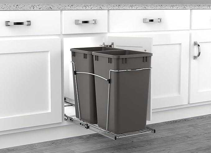 Rev-A-Shelf Pullout Trash Can for Kitchen Cabinets 27 Qt Garbage Waste Recycling Bin with Full Extension Slides, Orion Gray, RV-15KD-13C-S
