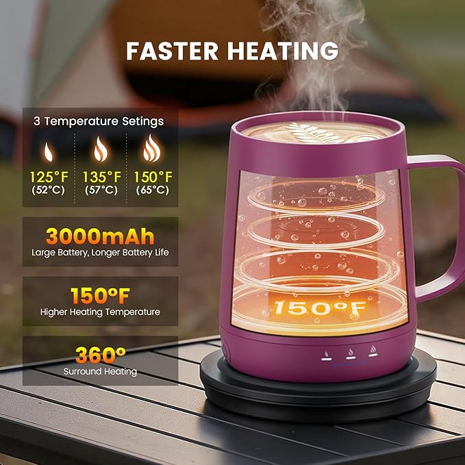 Smart Self Heating Coffee Mug,14oz Temperature Control Coffee Mug,Hot up to 150°F,Rechargeable Heated Coffee Mug,Up to 6H Battery Life,Coffee Cup Warmer,Great Gift for Coffee Lovers,Dad,Mom (Rose Red)