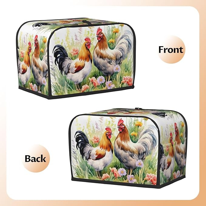 Watercolor Chicken Rooster Floral Toaster Cover 2 Slice Long Slot, Bread Maker Cover Washable Dust Protection Kitchen Small Appliance Toaster Oven Cover for 2 Slice