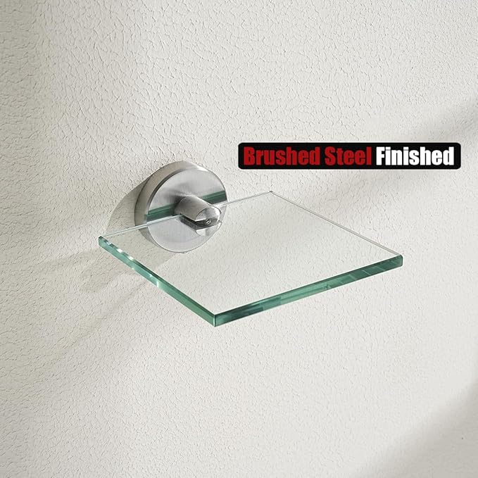 JQK Small Floating Glass Shelves Brushed, 4 Inch Display Ledges for Wall, Mini Decor, Living Room Bedroom Bathroom, Tempered Glass Shower Storage, 2 Pack, TGS101L4-BN-P2