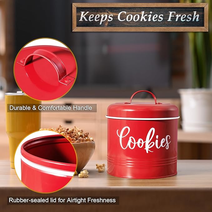 DAYYET Farmhouse Cookie Jar for Kitchen Counter, 1 Gallon Vintage Cookie Jar with Airtight Lid, Large Food Storage Container for Candy, Cookies, Dessert, Red Kitchen Decor and Accessories
