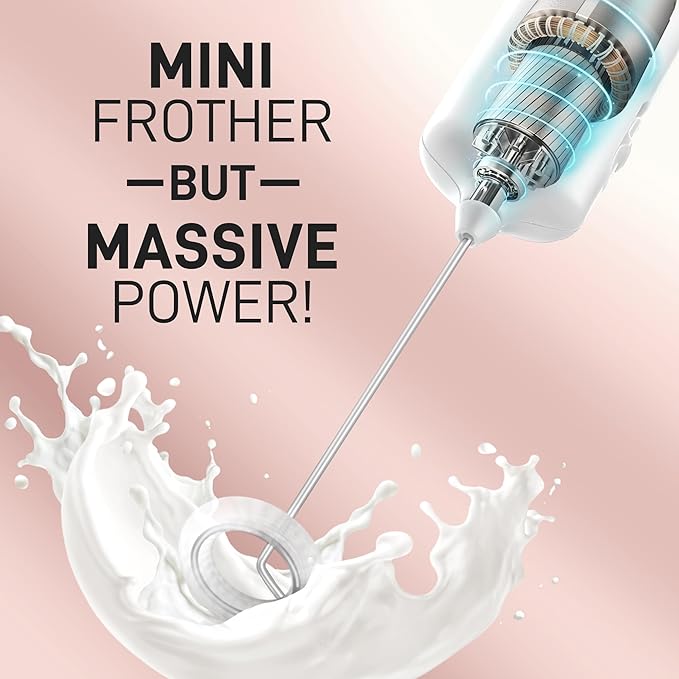 Mini & Mighty Milk Frother Wand – Powerful Handheld Coffee Frother, Battery Operated Drink Mixer – Compact Pocket Size – Detachable Whisk for Latte, Cappuccino, Matcha, Hot Chocolate – White