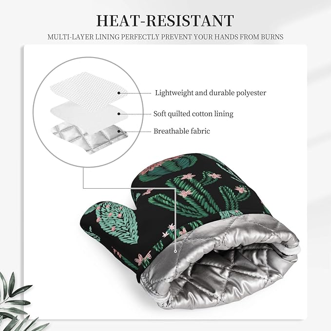 Trendy Cactus Oven Mitts and Pot Holders Sets of 4, Heat Resistant Silicone Oven Mittens and Potholders Gloves Hot Pads for Kitchen Cooking Baking Grilling BBQ Chef