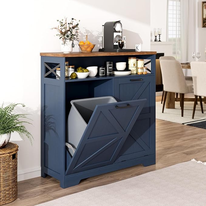 Double Tilt Out Trash Can Cabinet for 13 * 2 Gallon Trash Can, Farmhouse Kitchen Island Cabinet with Adjustable Shelf for Hidden Laundry Basket, Dog Proof Garbage Can for Dining Living Room, Blue