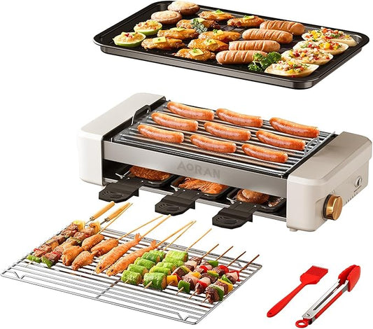 AORAN Electric Indoor Grill Smokeless, 800W Countertop Grill with Removable Non-Stick Cooking Plates & Hot Dog Rack, Easy to Clean, 13.4x8.3 Inch for BBQ, Panini, Meat, Vegetables