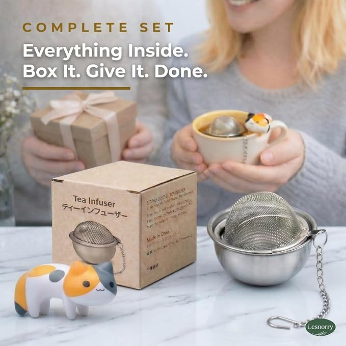 Calico Cat Tea Ball for Loose Leaf Tea, Cute Tea Infuser with 304 Stainless Fine Mesh Tea Ball Strainer & Drip Tray, Leak-Resistant Locking Fit, 6.1in Mug Chain, Gift Box, 1 Pack