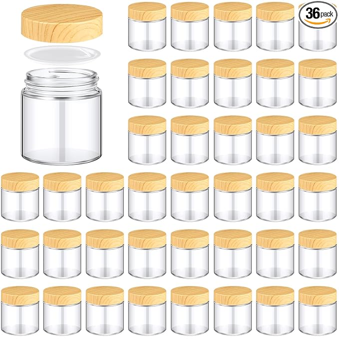 Norme 36 Pcs 4 oz Glass Jars with Lids Empty Small Glass Containers and Inner Liners Reusable Cosmetic Jars Round Airtight Bottles with Plastic Woodgrain Lids for Travel